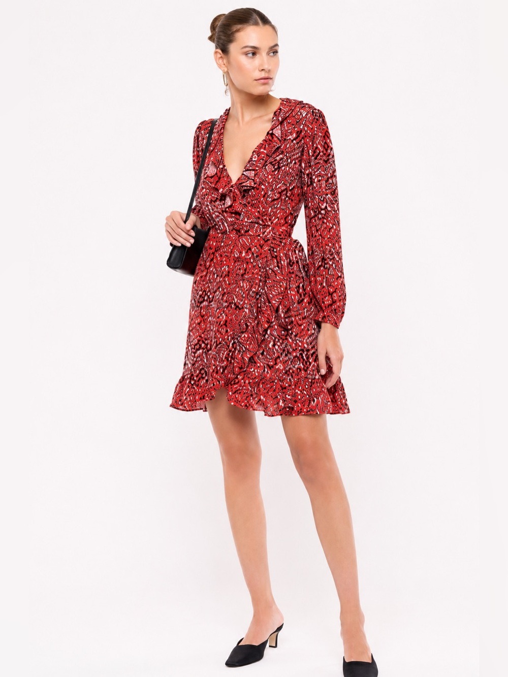 Maje Red Leopard Print Wrap Dress Size 2 US 6 Ruffle Trim Long Sleeve Mini Dress